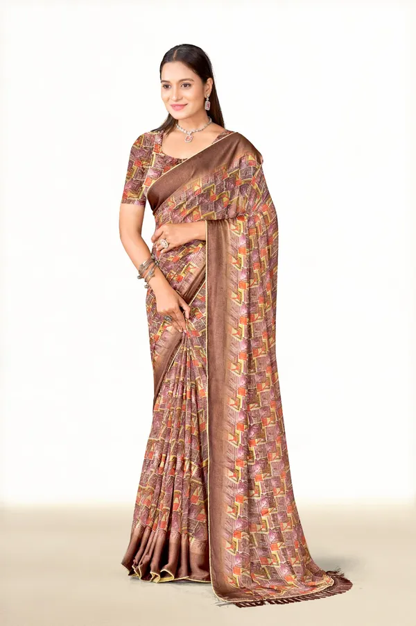 Brown_Geometric_Print_Silk_Saree_With_Matching_Blouse