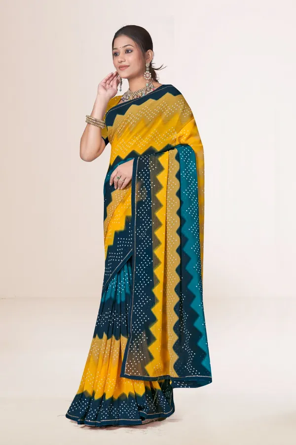Yellow_And_Teal_Bandhani_Tie_Dye_Saree_With_Blouse_Piece