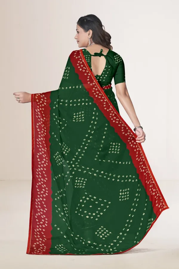 Green_And_Red_Bandhani_Saree_With_Traditional_Tie_Dye_Pattern
