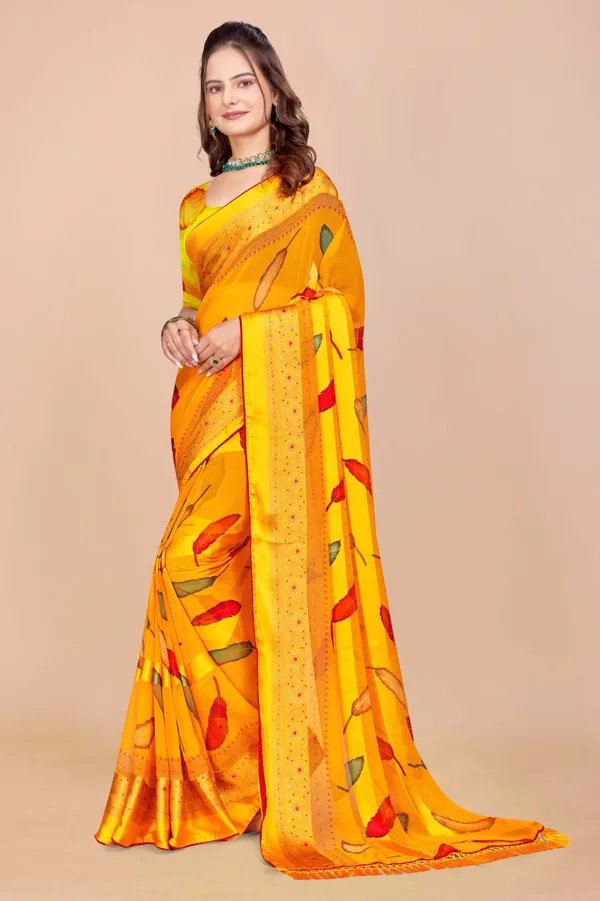 Yellow_Printed_Saree_With_Embellished_Border_And_Matching_Blouse
