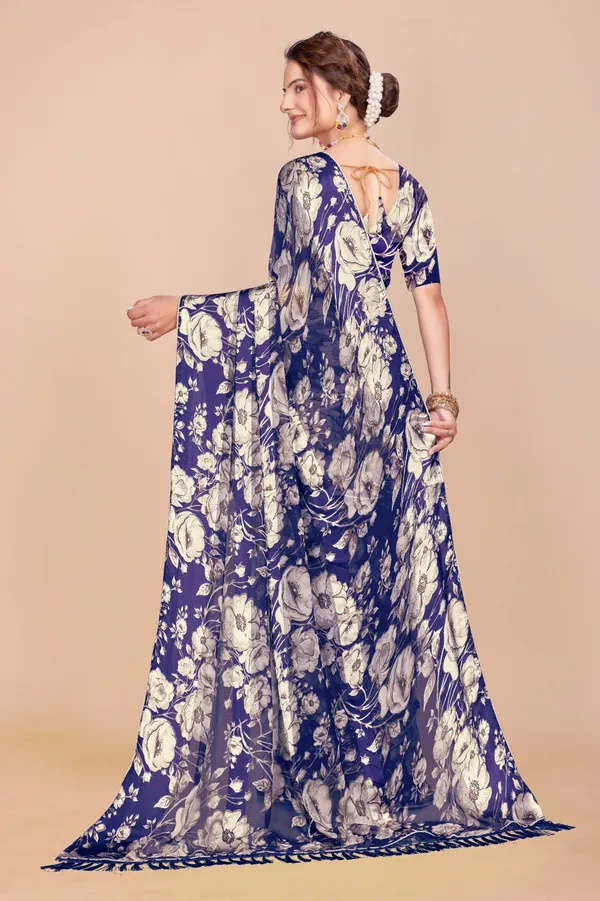 Navy_Blue_Floral_Print_Saree_With_Blouse