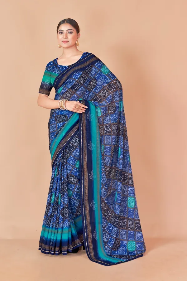 Blue_And_Green_Bandhani_Print_Silk_Saree_With_Striped_Border