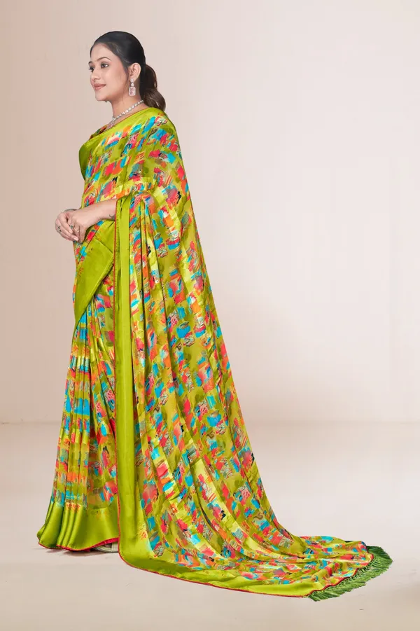 Vibrant_Green_Silk_Saree_With_Multicolor_Abstract_Print_And_Tasseled_Border
