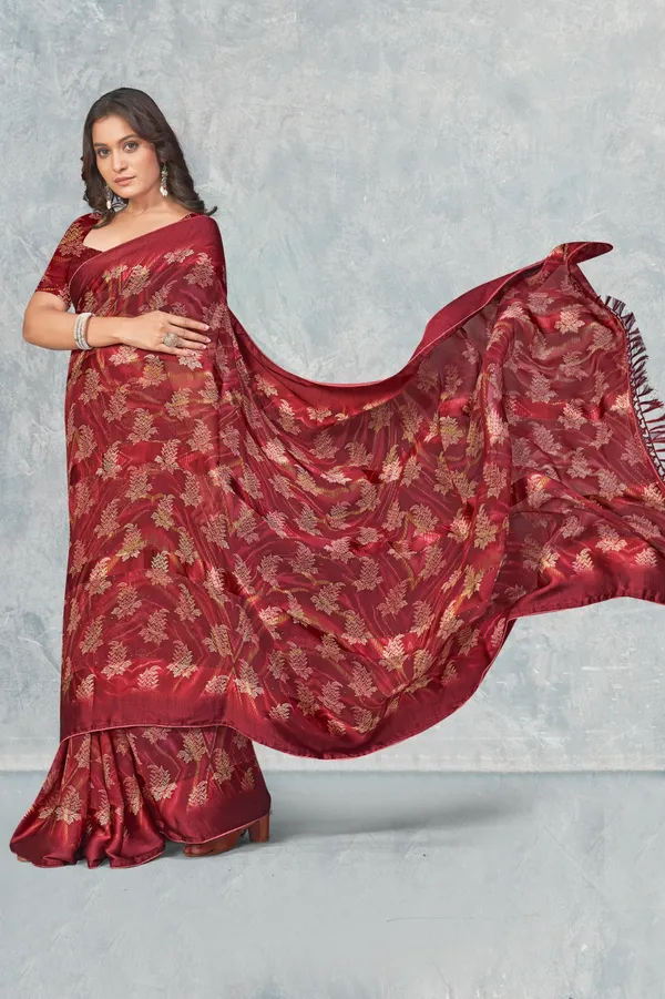 Maroon_Floral_Jacquard_Silk_Saree_With_Blouse