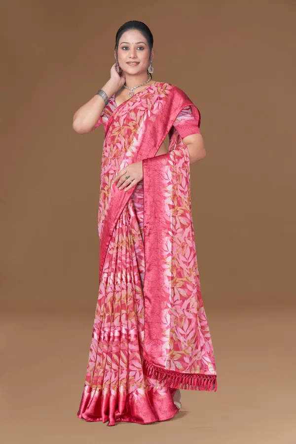 Pink_Floral_Print_Banarasi_Silk_Saree_With_Zari_Border