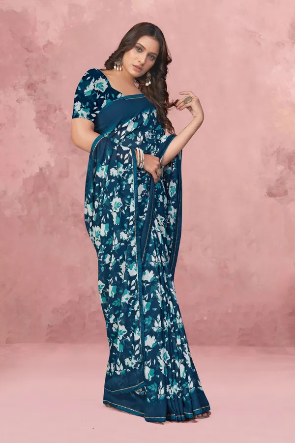 Floral_Print_Teal_Blue_Georgette_Saree_With_Blouse