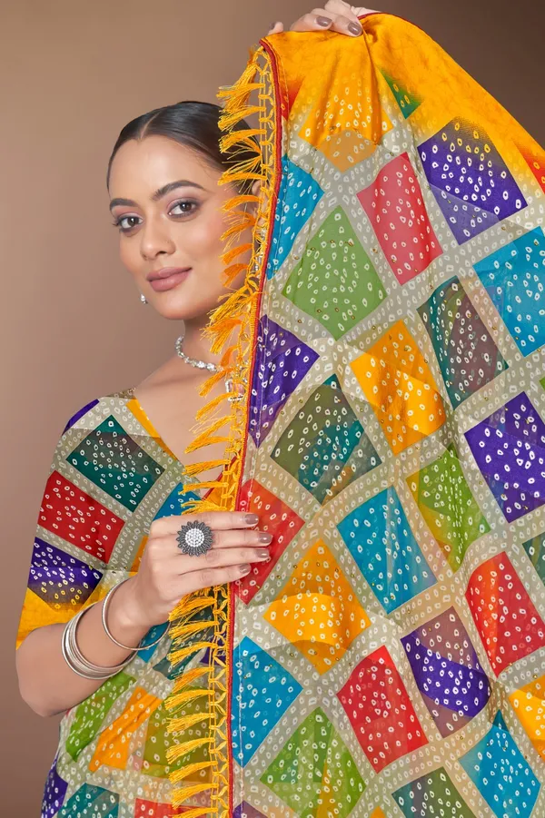 Multicolor_Checkered_Bandhani_Silk_Saree_With_Yellow_Border