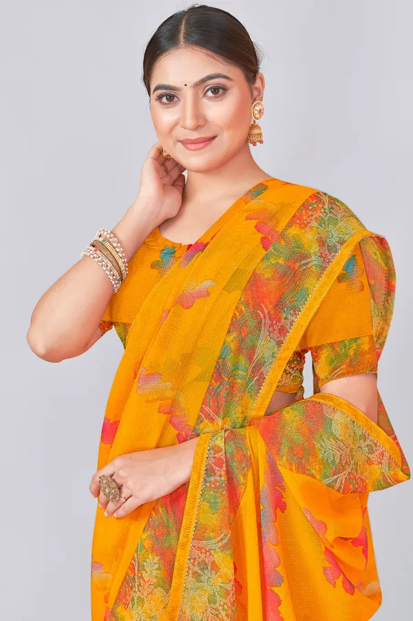 Vibrant_Yellow_Floral_Georgette_Saree_With_Contrast_Blouse