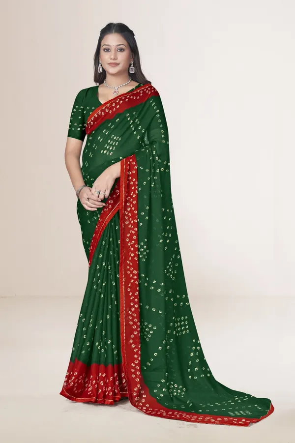 Green_And_Red_Bandhani_Saree_With_Traditional_Tie_Dye_Pattern