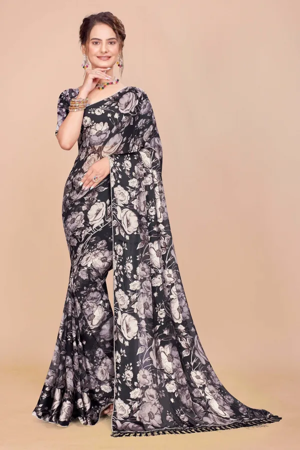 Black_And_White_Floral_Print_Saree_With_Tasseled_Border