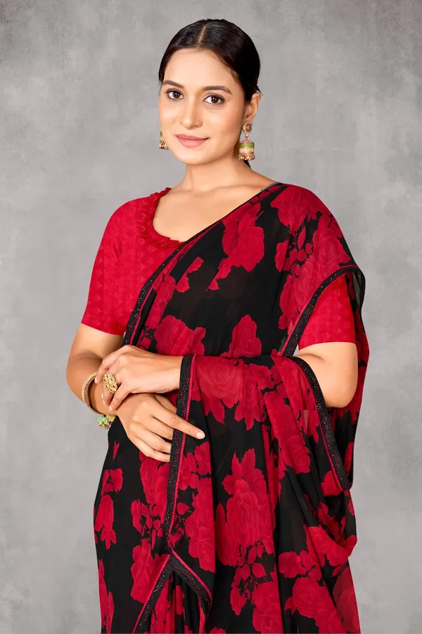 Black_And_Red_Floral_Print_Georgette_Saree_With_Red_Blouse