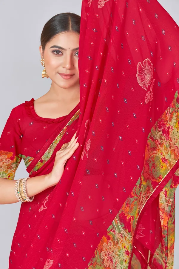 Red_Silk_Saree_With_Floral_Print_Border_And_Golden_Trim