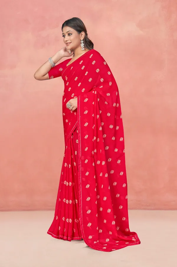 Red_Embroidered_Saree_With_Gold_Motifs_And_Matching_Blouse