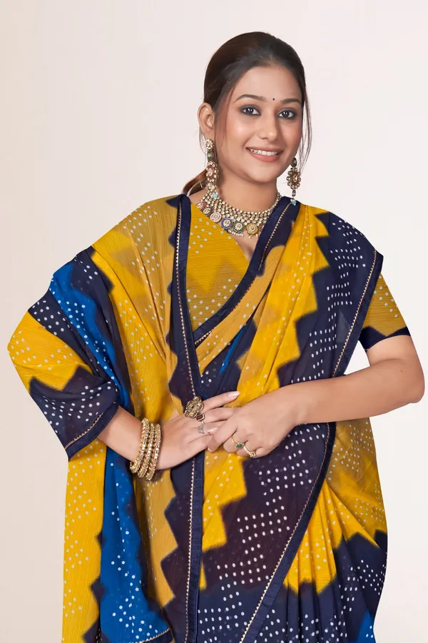Traditional_Bandhani_Saree_In_Yellow_And_Navy_Blue_With_Tie_Dye_Pattern