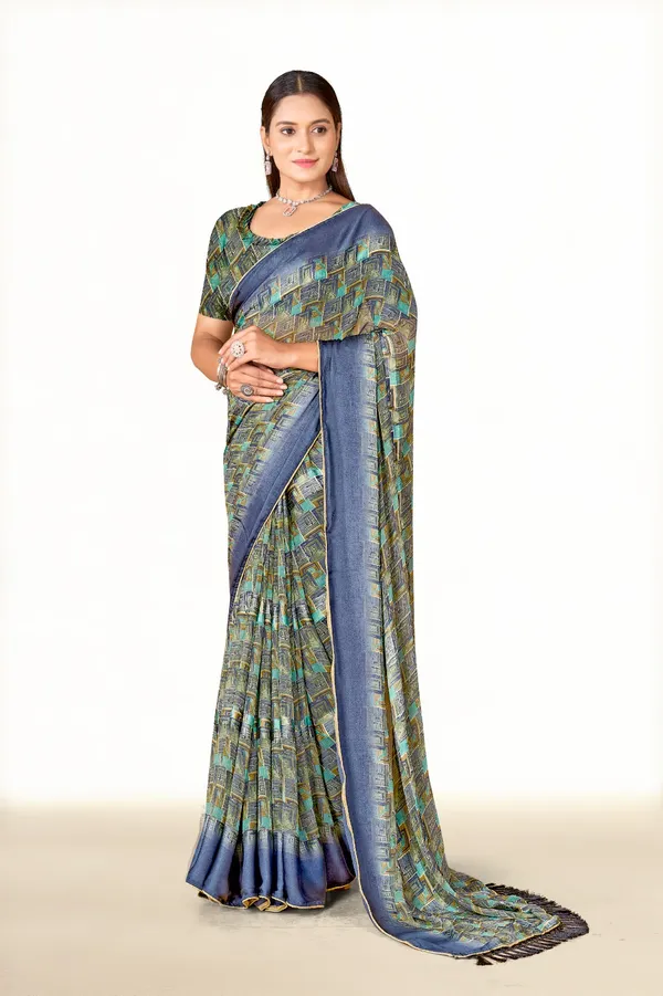 Printed_Saree_With_Blue_Border_And_Tassels