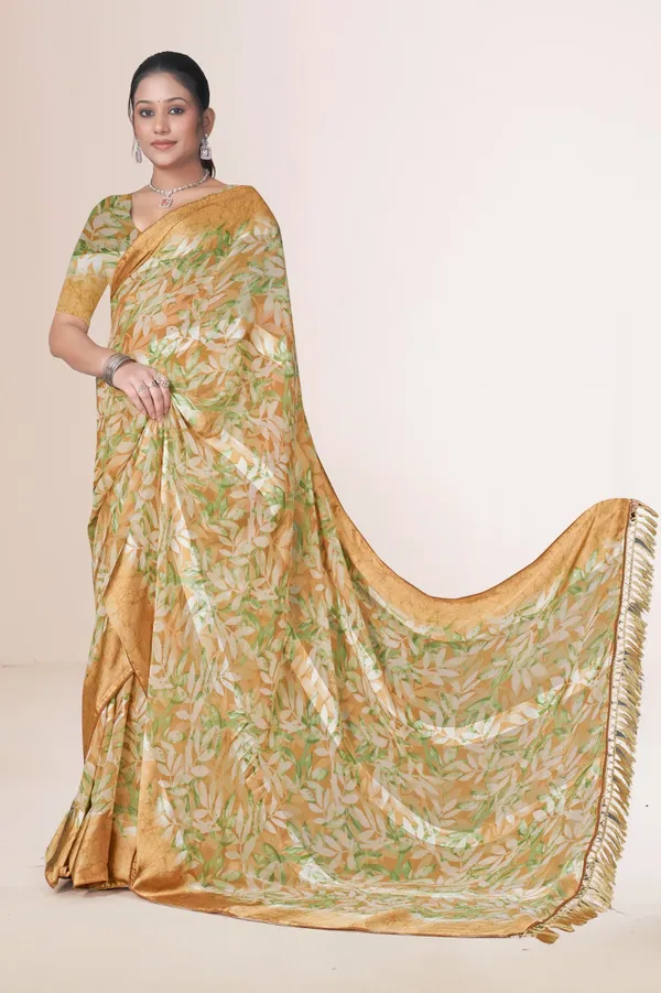 Mustard_Yellow_Floral_Print_Banarasi_Silk_Saree_With_Golden_Border