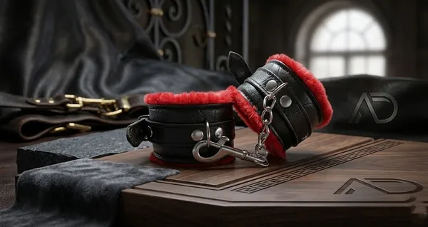 Stylish_Faux_Leather_Handcuff_Set_With_Soft_Fur_Lining_Metal_Chain_Adjustable_Wrist_Band_Black_Red_Pack_Of_2