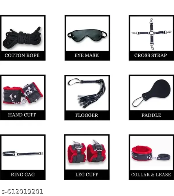 Adjustable_Handcuff_Kit_With_9Pcs_Couple_Honeymoon_Kit_Red_Black_Leather_Handcuffs_Whip_Blindfold_Set_Pack_Of_9