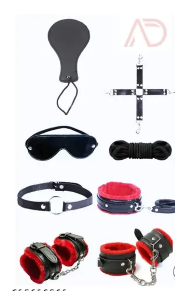 Adjustable_Handcuff_Kit_With_9Pcs_Couple_Honeymoon_Kit_Red_Black_Leather_Handcuffs_Whip_Blindfold_Set_Pack_Of_9