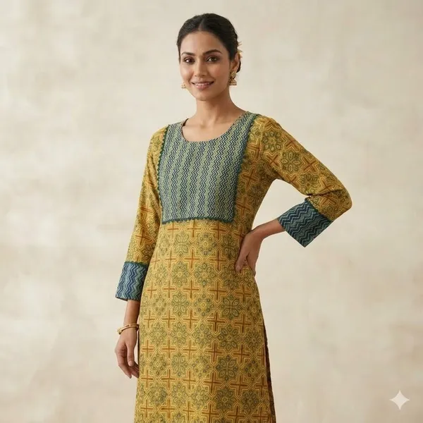 Yellow_Green_Block_Print_Cotton_Kurta_for_Women