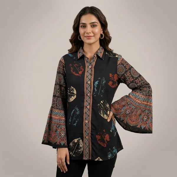 Black_Printed_Bell_Sleeve_Shirt_for_Women