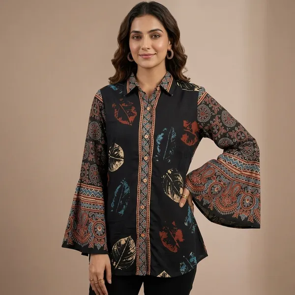 Black_Printed_Bell_Sleeve_Shirt_for_Women