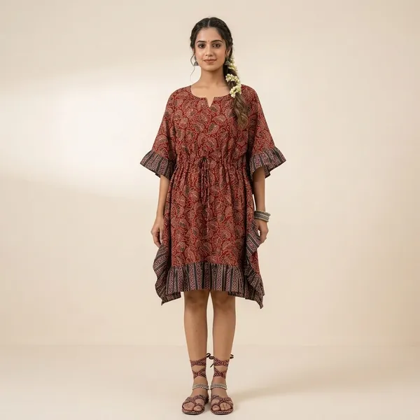 Maroon_Printed_Flared_Ruffle_Sleeve_Dress_for_Women