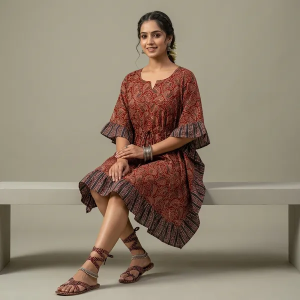 Maroon_Printed_Flared_Ruffle_Sleeve_Dress_for_Women
