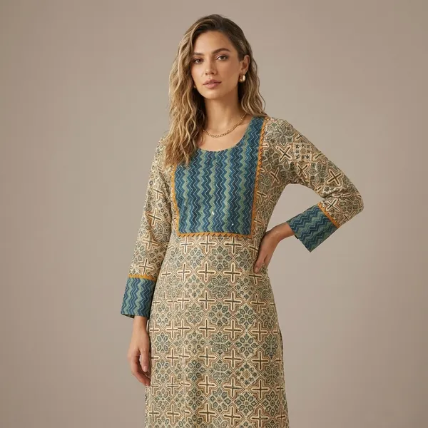 Teal_and_Beige_Printed_Cotton_Kurta_for_Women