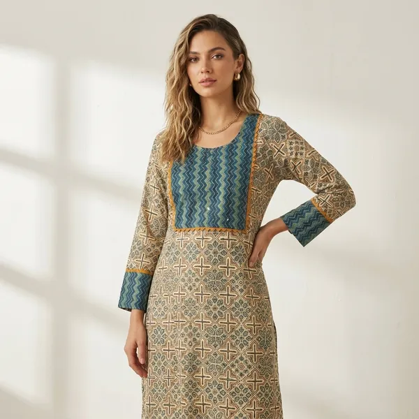Teal_and_Beige_Printed_Cotton_Kurta_for_Women