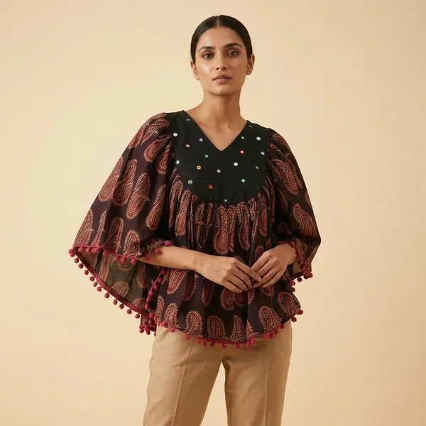 Black_Cotton_Printed_Poncho_Style_Top_with_Pom_Pom_Detail_for_Women