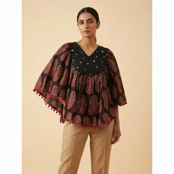 Black_Cotton_Printed_Poncho_Style_Top_with_Pom_Pom_Detail_for_Women