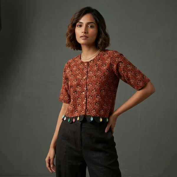 Rust_Printed_Half_Sleeve_Button_Down_Top_for_Women