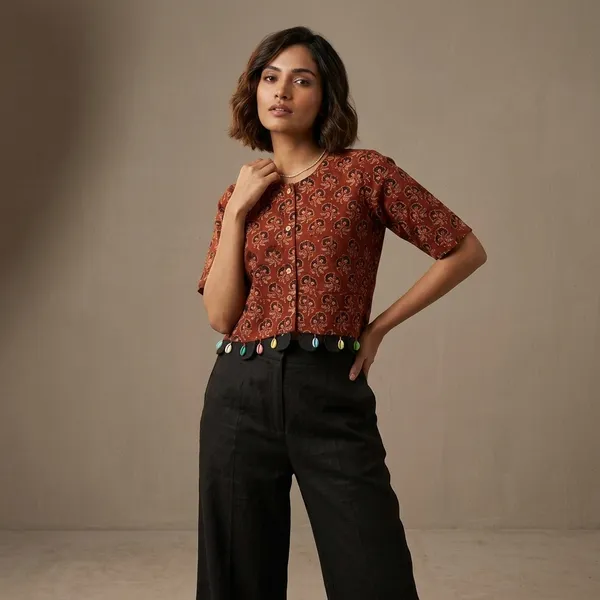 Rust_Printed_Half_Sleeve_Button_Down_Top_for_Women