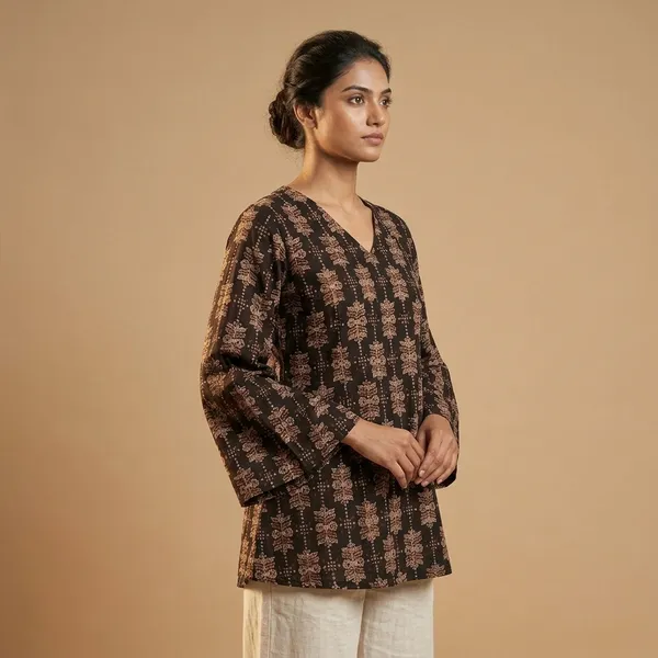Brown_Block_Print_V-Neck_Bell_Sleeve_Tunic_for_Women