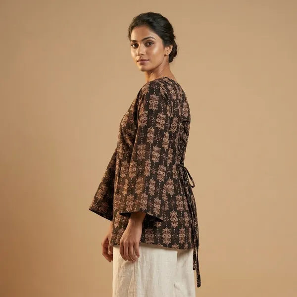 Brown_Block_Print_V-Neck_Bell_Sleeve_Tunic_for_Women