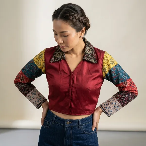 Maroon_Patchwork_Collared_Crop_Shirt_for_Women