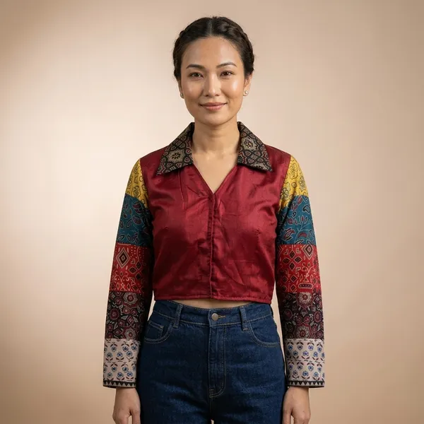 Maroon_Patchwork_Collared_Crop_Shirt_for_Women