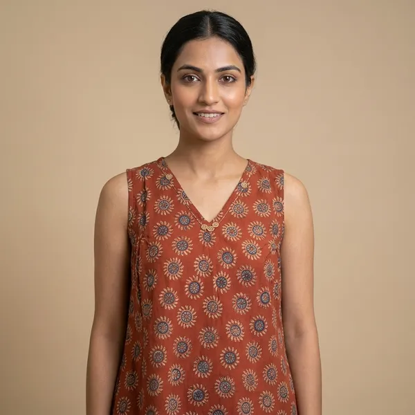Rust_Cotton_Floral_Print_Sleeveless_Kurti_for_Women