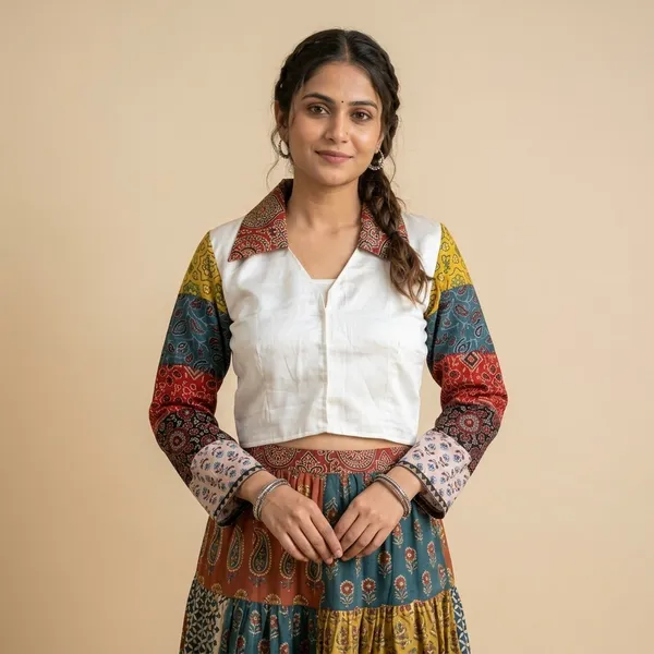 White_Multicolor_Block_Print_Cotton_Collar_Shirt_for_Women