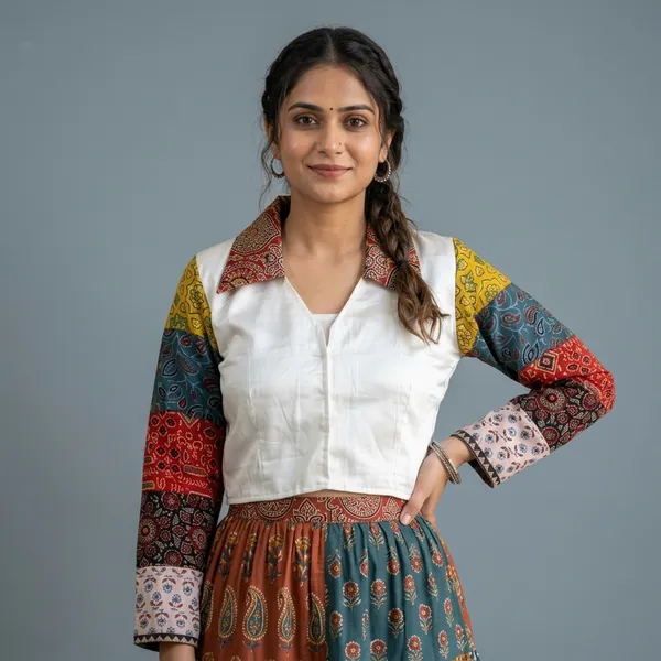 White_Multicolor_Block_Print_Cotton_Collar_Shirt_for_Women