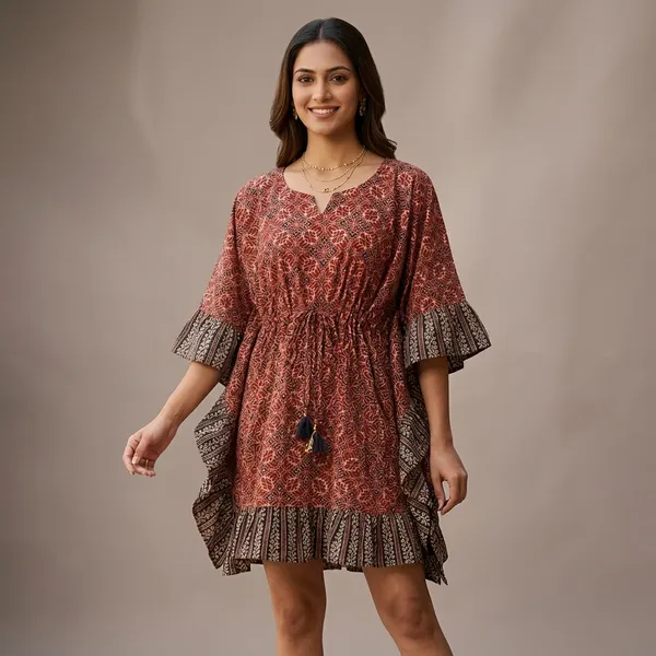 Maroon_Printed_Flared_Sleeve_Cinched_Waist_Dress_for_Women