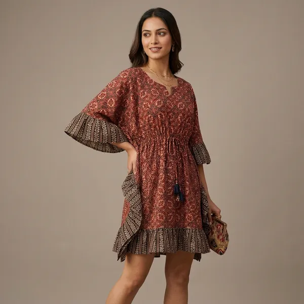 Maroon_Printed_Flared_Sleeve_Cinched_Waist_Dress_for_Women