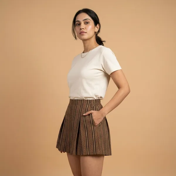 Brown_Striped_Pleated_Mini_Skirt_for_Women