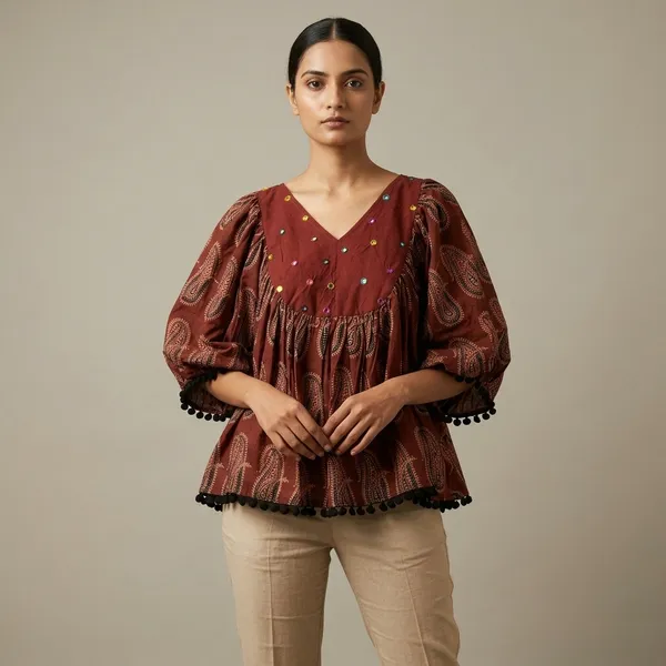 Maroon_Embroidered_Paisley_Print_V-Neck_Ajrakh_Poncho_with_Pom-Pom_Trim_for_Women