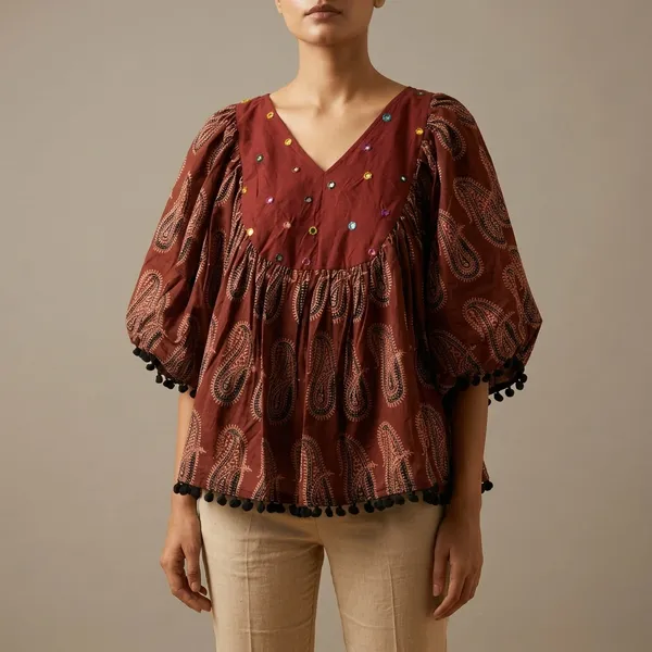 Maroon_Embroidered_Paisley_Print_V-Neck_Ajrakh_Poncho_with_Pom-Pom_Trim_for_Women