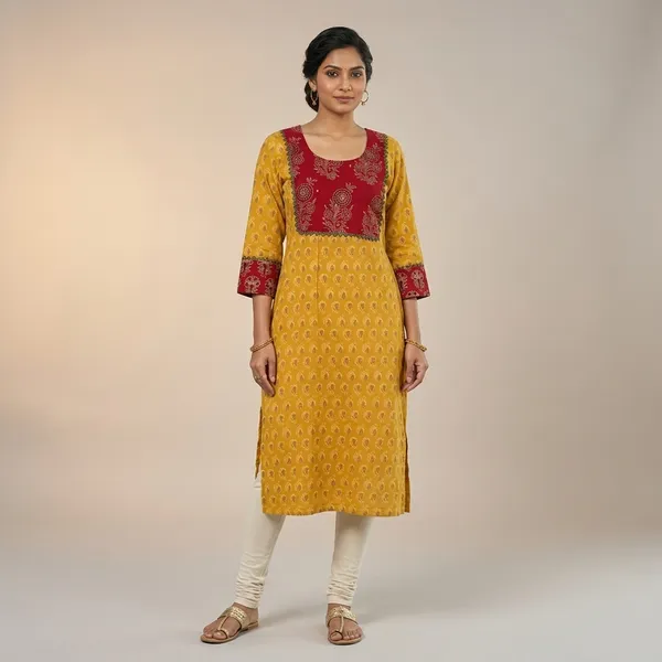 Yellow_Cotton_Printed_Kurta_with_Red_Embroidered_Yoke_for_Women