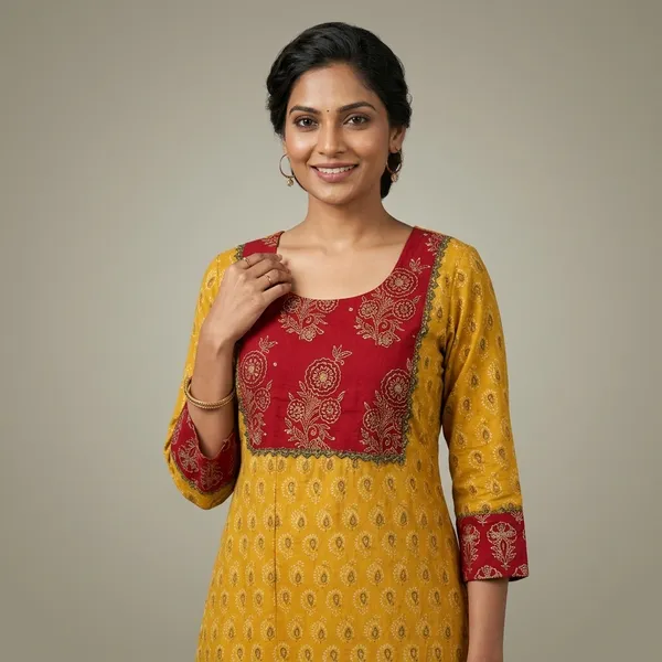 Yellow_Cotton_Printed_Kurta_with_Red_Embroidered_Yoke_for_Women