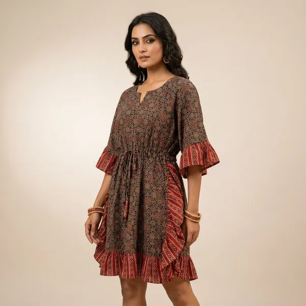 Brown_Printed_Gathered_Waist_Ruffle_Hem_Dress_for_Women