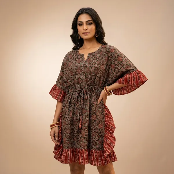 Brown_Printed_Gathered_Waist_Ruffle_Hem_Dress_for_Women